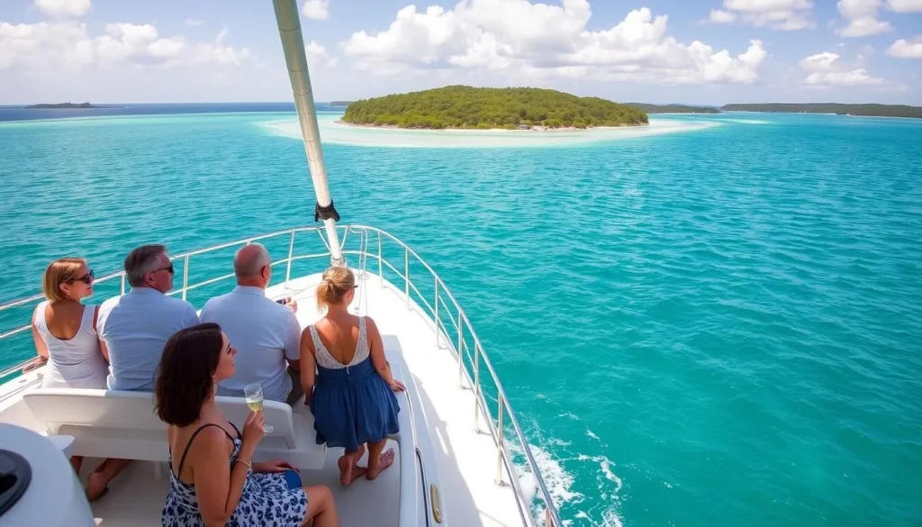 Luxury boat transfer approaching Hayman Island Queensland with passengers enjoying champagne on deck