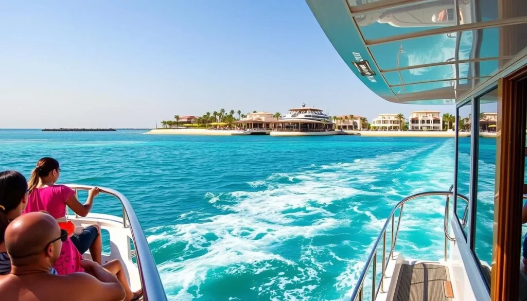 Luxury catamaran ferry approaching Banana Island Qatar with passengers on deck