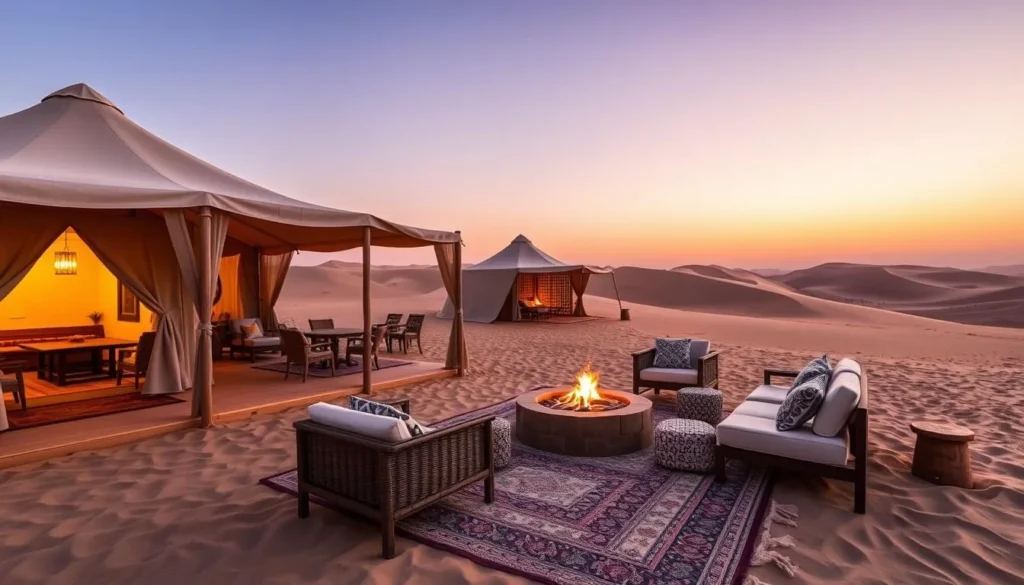 Luxury desert camp at Khor Al Udaid with traditional tents and campfire
