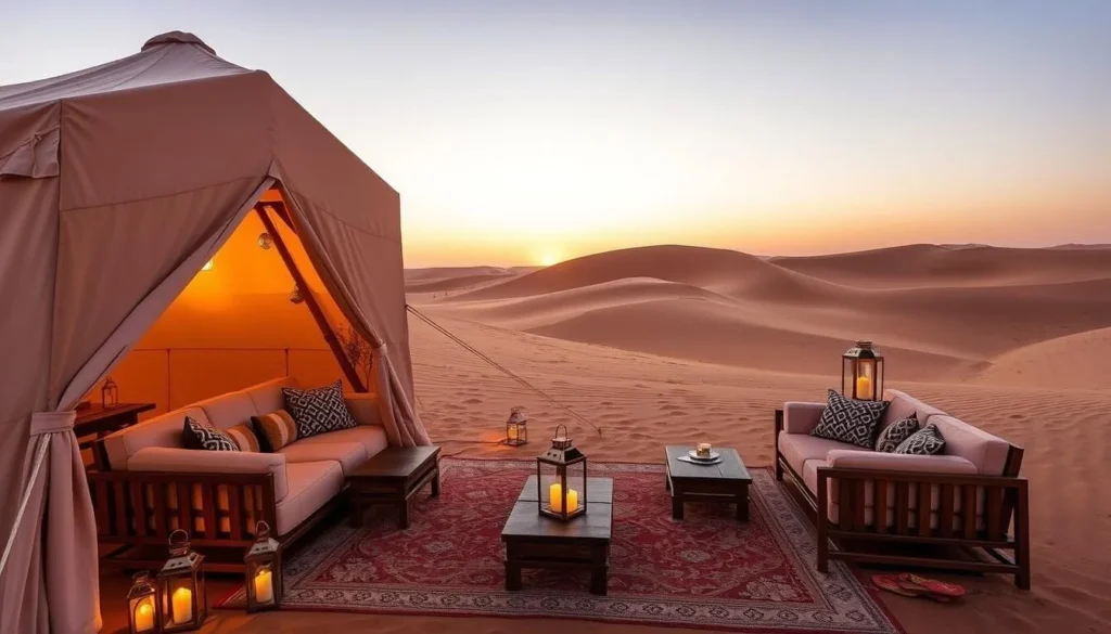Luxury desert camp in Wahiba Sands, Oman with traditional tents