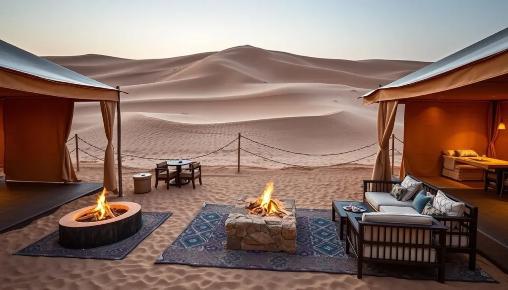 Luxury desert camp near Khawr al Udayd with traditional Bedouin tents