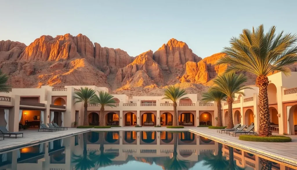 Luxury desert resort in Al Ula with traditional architecture and mountain backdrop Luxury desert resort in Al Ula with traditional architecture and mountain backdrop