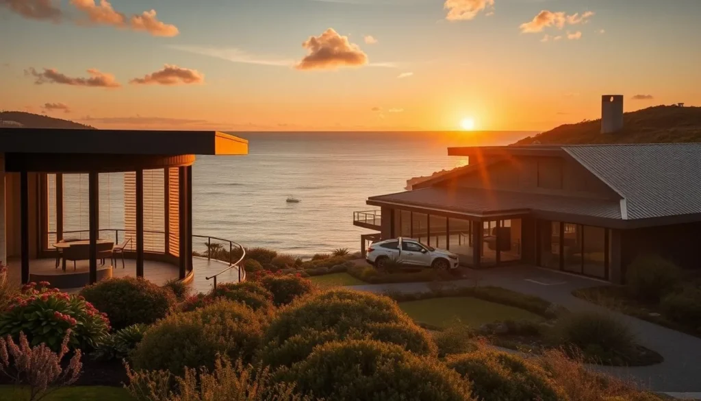 Luxury eco-accommodation overlooking the coastline of Kangaroo Island at sunset