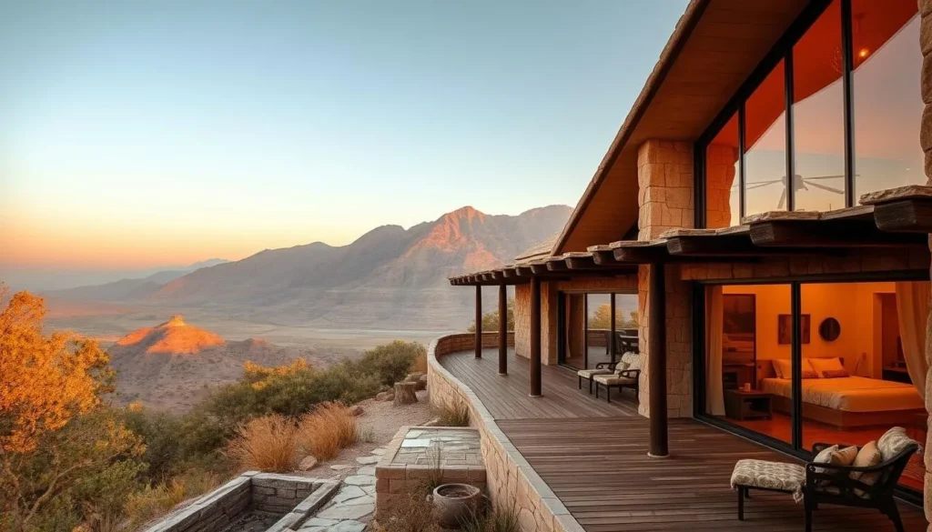 Luxury eco-lodge accommodation with panoramic views of Aseer National Park mountains Luxury eco-lodge accommodation with panoramic views of Aseer National Park mountains