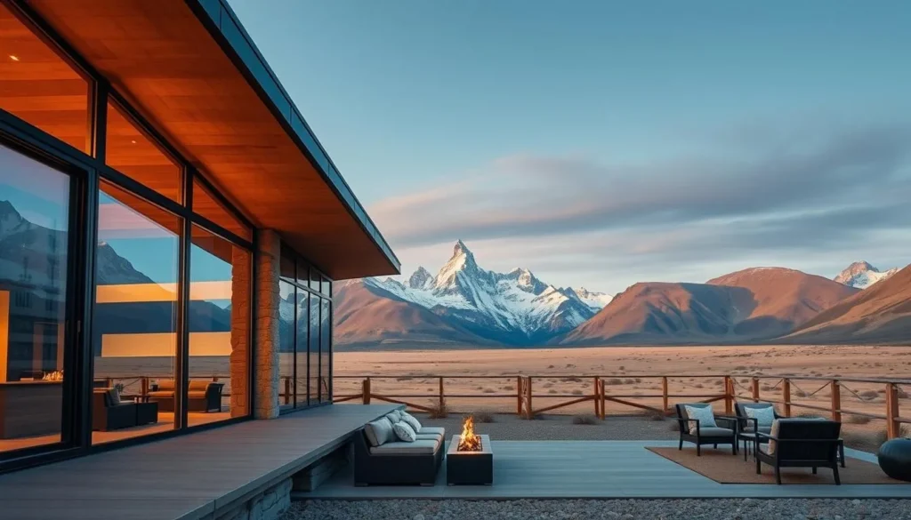 Luxury eco-lodge in Torres del Paine with panoramic windows overlooking the mountains and a cozy interior