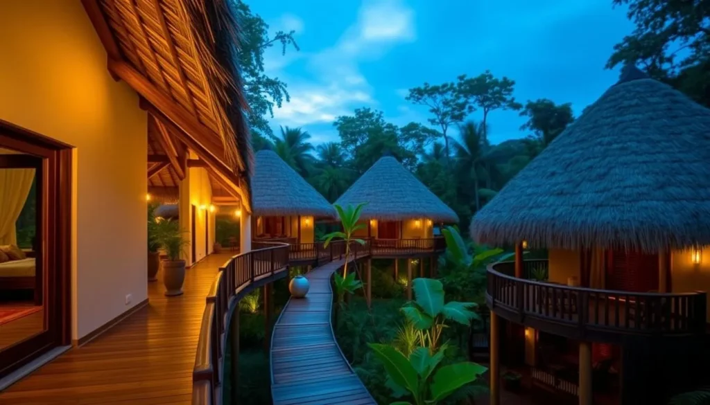 Luxury eco-lodge in the Amazon Jungle, Ecuador with thatched roofs and wooden walkways surrounded by rainforest