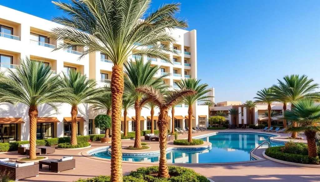 Luxury hotel accommodations in Ahmadi area with swimming pool and palm trees