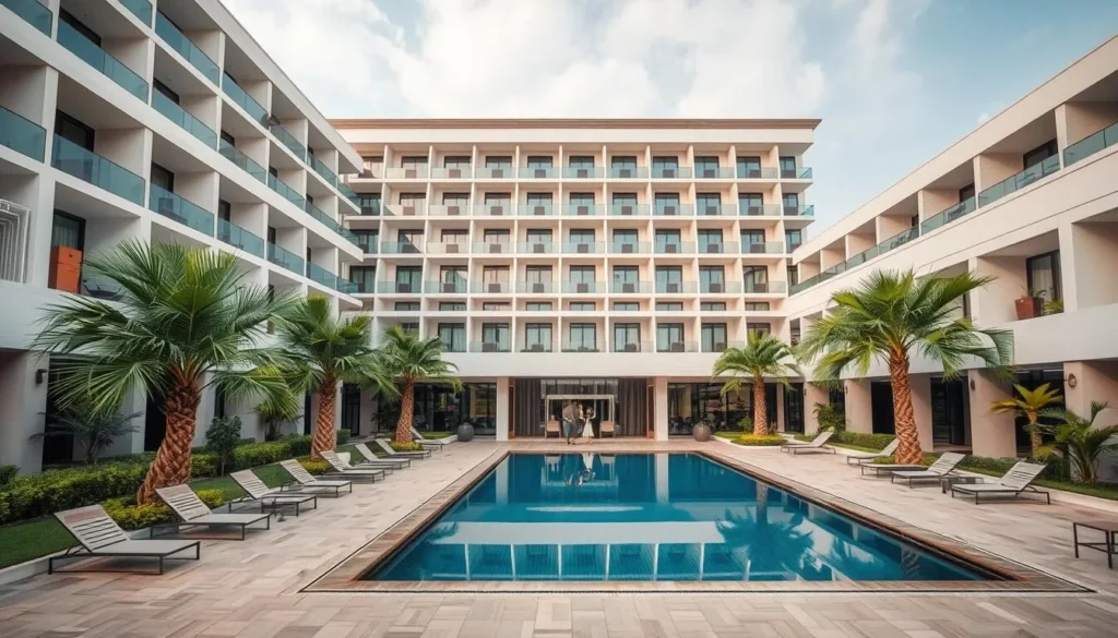 Luxury hotel in Bekasi with modern architecture, swimming pool, and palm trees