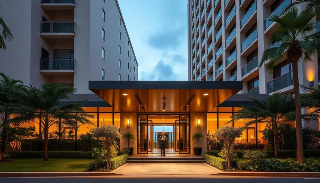 Luxury hotel in Curitiba's Batel district with modern architecture and elegant entrance