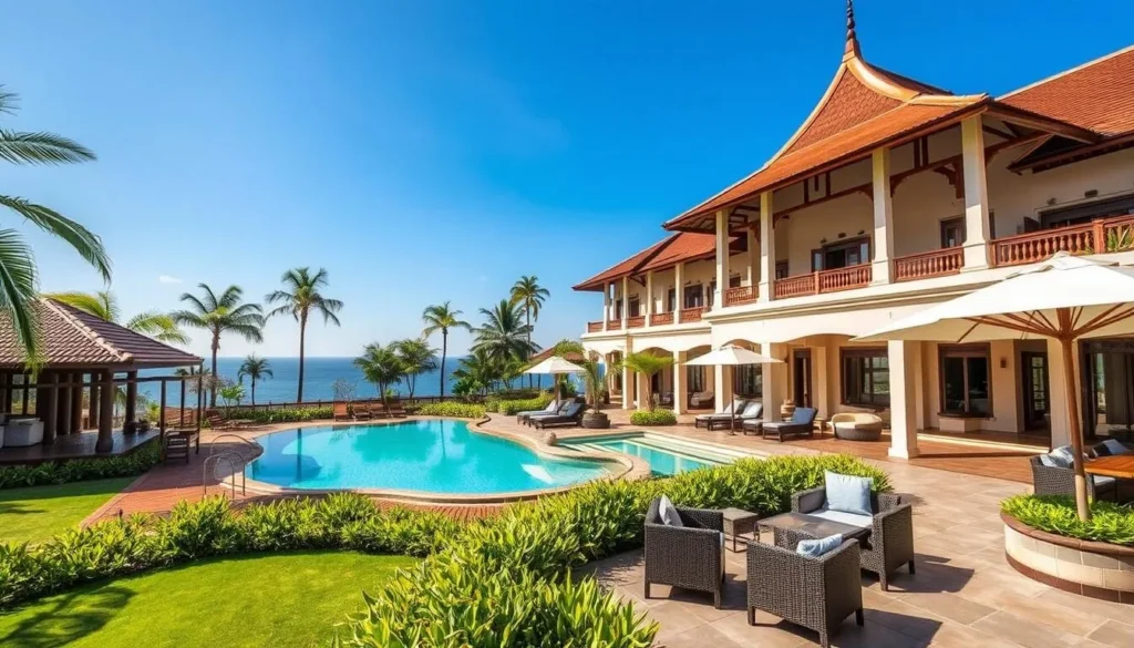 Luxury hotel in Denpasar with traditional Balinese architectural elements and a swimming pool