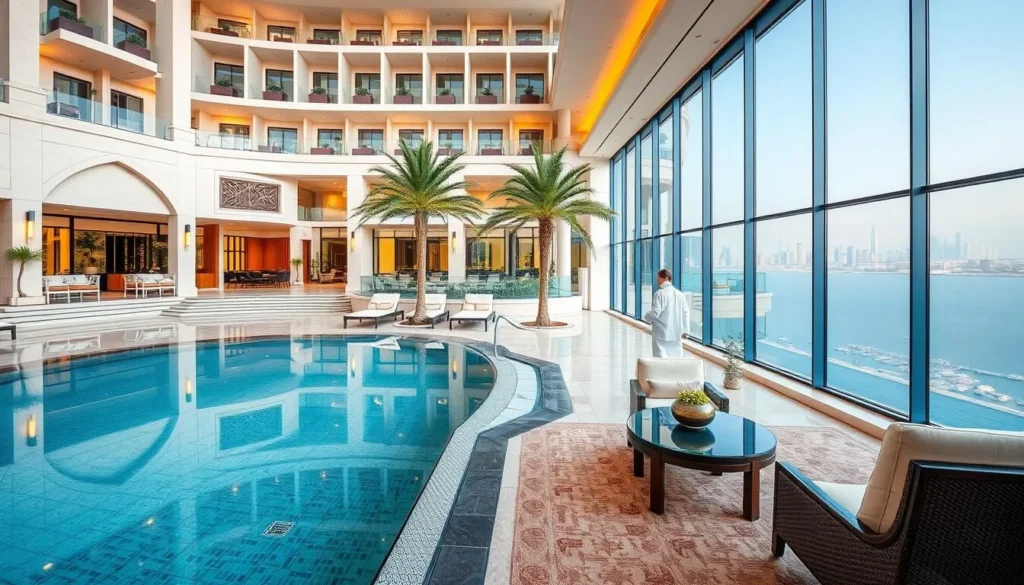 Luxury hotel in Doha with stunning architecture and pool overlooking the skyline