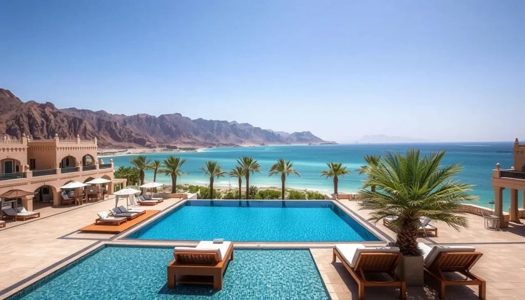 Luxury hotel in Khasab with swimming pool overlooking the mountains and sea