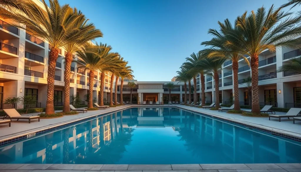 Luxury hotel in McAllen Texas with pool and palm trees
