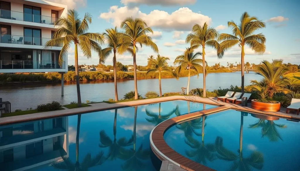 Luxury hotel in Rockhampton Queensland with river views and palm trees