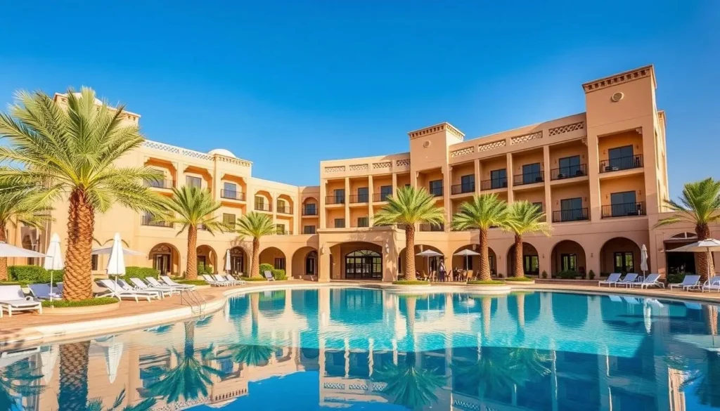 Luxury hotel in Sohar with traditional Omani architectural elements and swimming pool
