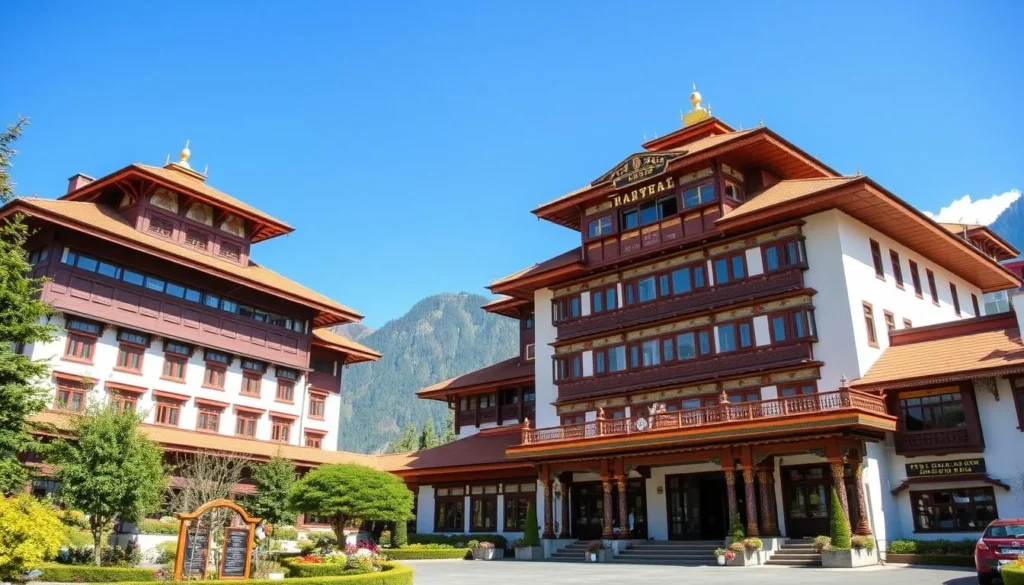 Luxury hotel in Thimphu with traditional Bhutanese architecture and mountain views