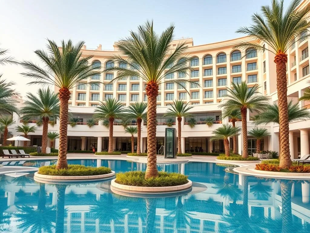 Luxury hotel near Saar with swimming pool and palm trees