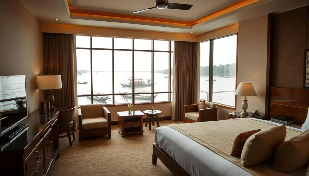 Luxury hotel room in Banjarmasin with traditional Banjarese design elements and river view