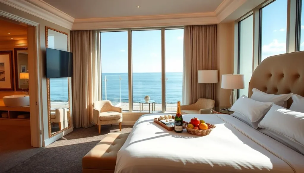 Luxury hotel room in Blackpool with sea view from the window