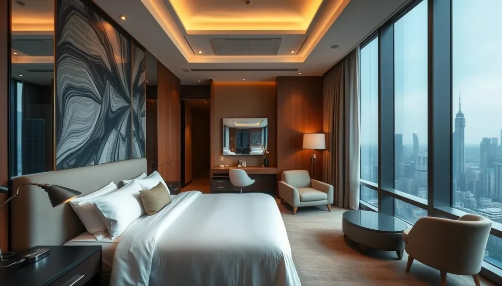 Luxury hotel room in Jakarta with city skyline view through large windows