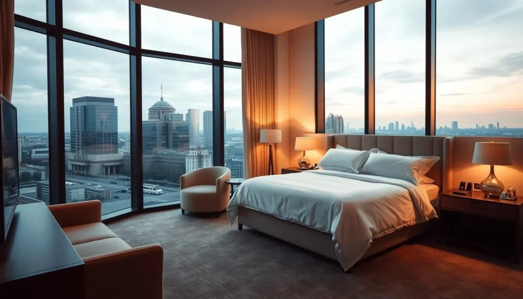 Luxury hotel room in Kaliningrad with view of the city skyline Luxury hotel room in Kaliningrad with view of the city skyline