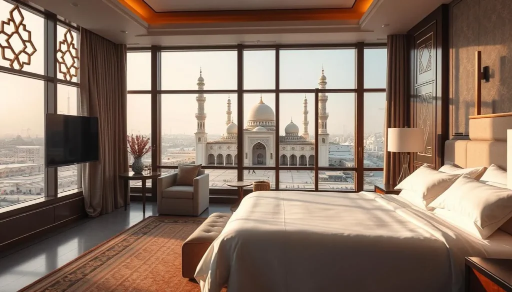 Luxury hotel room in Madinah with a view of the Prophet's Mosque, showing elegant interior design with traditional Islamic elements
