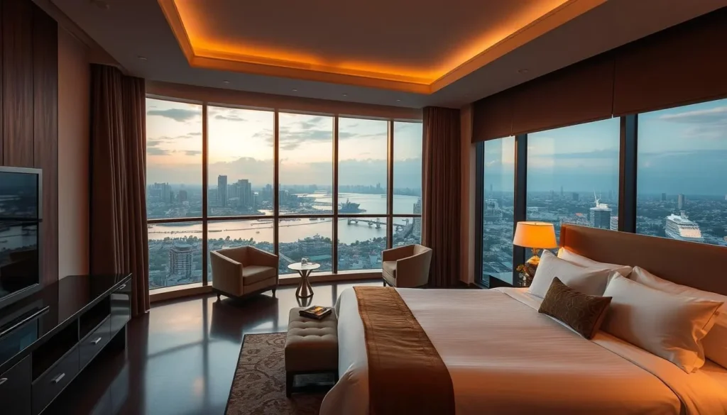 Luxury hotel room in Makassar with panoramic view of the harbor and city skyline