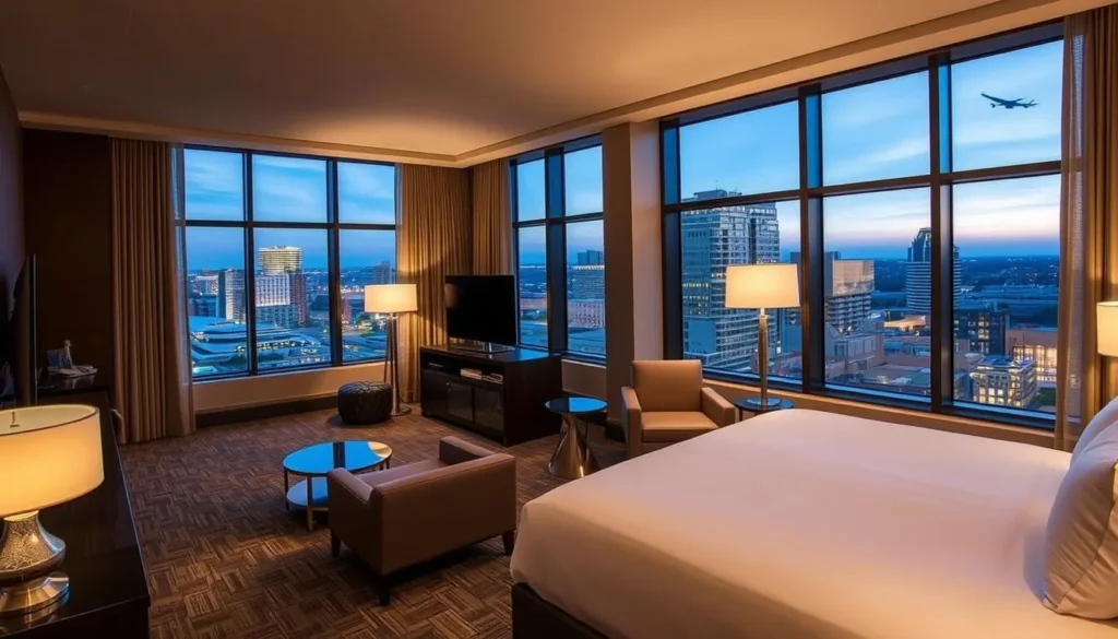 Luxury hotel room in Midland, Texas with modern furnishings and city view Luxury hotel room in Midland, Texas with modern furnishings and city view