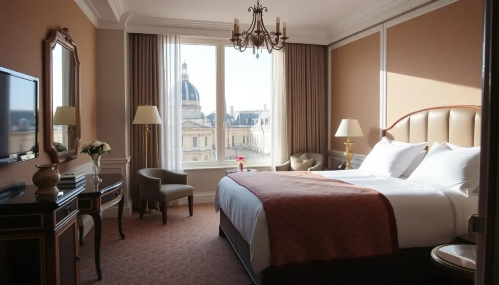Luxury hotel room in Nancy with view of historic architecture