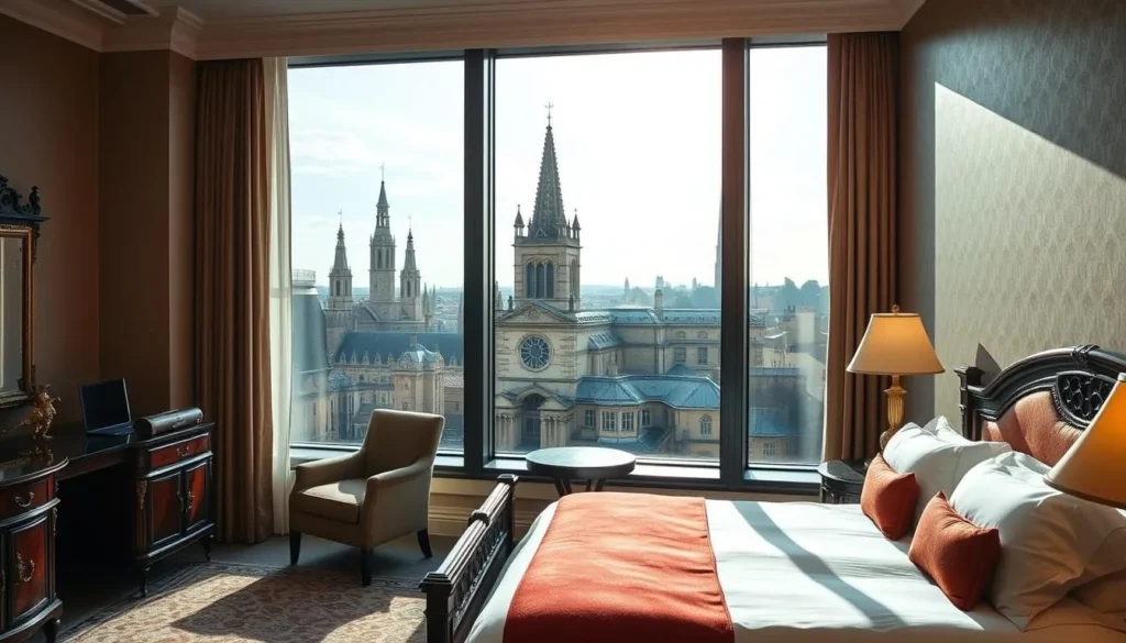 Luxury hotel room in Oxford with view of historic spires - Oxford England best things to do Luxury hotel room in Oxford with view of historic spires - Oxford England best things to do