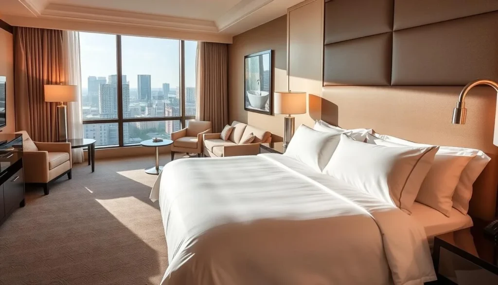 Luxury hotel room in Sugar Land with modern furnishings and city views