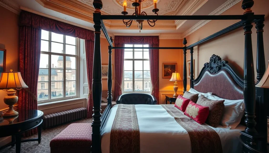 Luxury hotel room in a historic building in York with four-poster bed and elegant decor