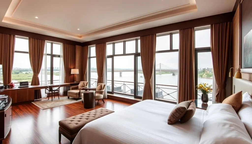 Luxury hotel room overlooking the Musi River in Palembang