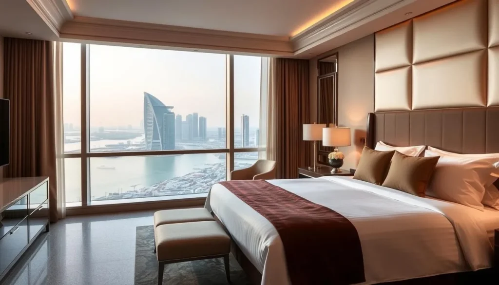 Luxury hotel room with a view of Bahrain's skyline and water, featuring modern decor and amenities