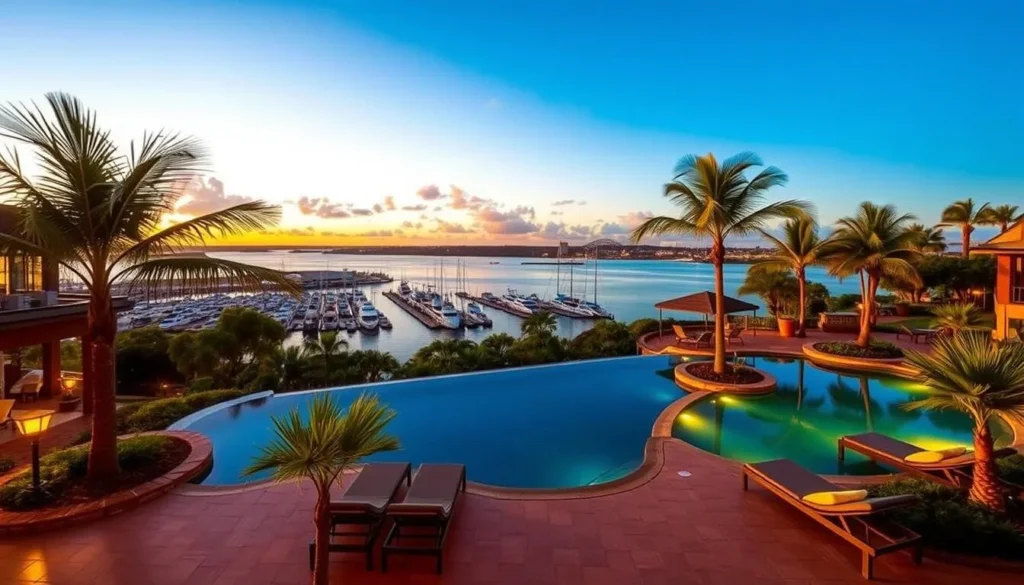 Luxury hotel with infinity pool overlooking Darwin Harbor during sunset
