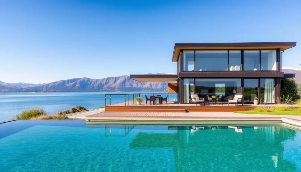 Luxury lakefront accommodation in Taupo with views of the lake and mountains