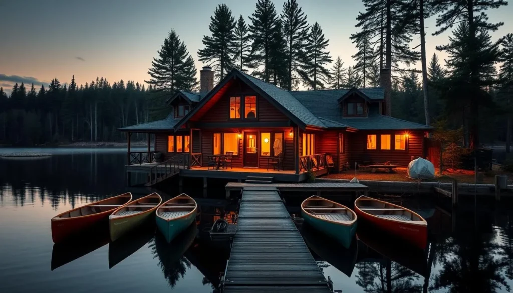 Luxury lakeside cottage in Muskoka, Ontario with dock and boats