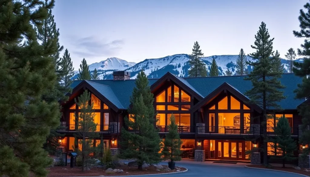 Luxury mountain lodge accommodation in Truckee with snow-covered peaks in background Luxury mountain lodge accommodation in Truckee with snow-covered peaks in background