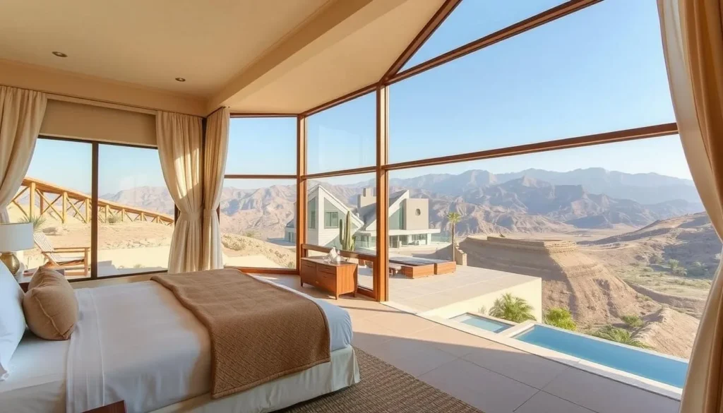 Luxury mountain resort accommodation with panoramic views of Al Hajar mountains