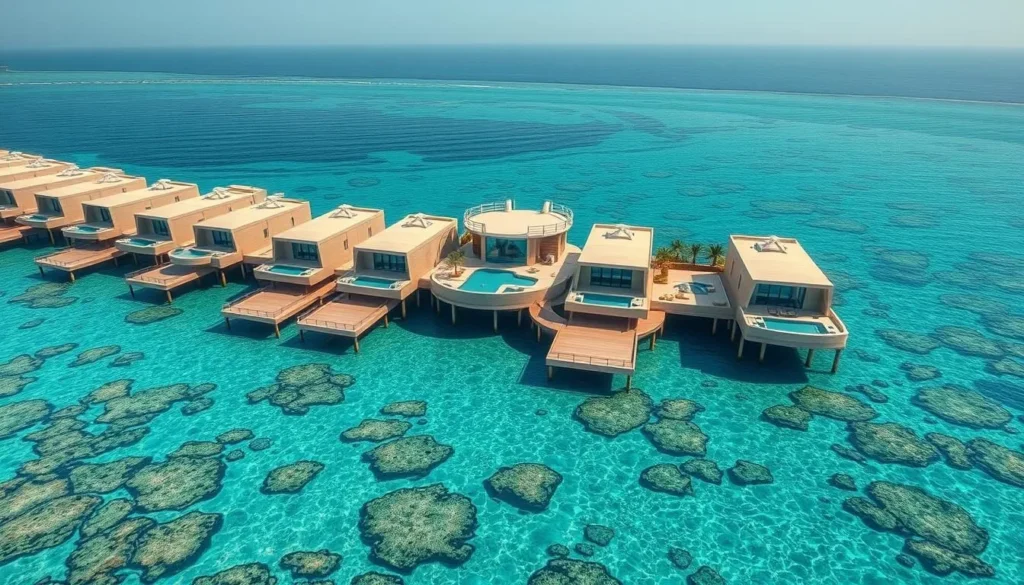 Luxury overwater villas at a Red Sea resort with clear turquoise waters