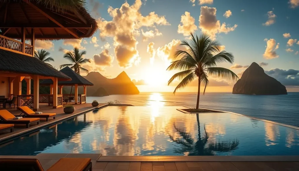 Luxury resort in St. Lucia with infinity pool overlooking the Pitons and Caribbean Sea