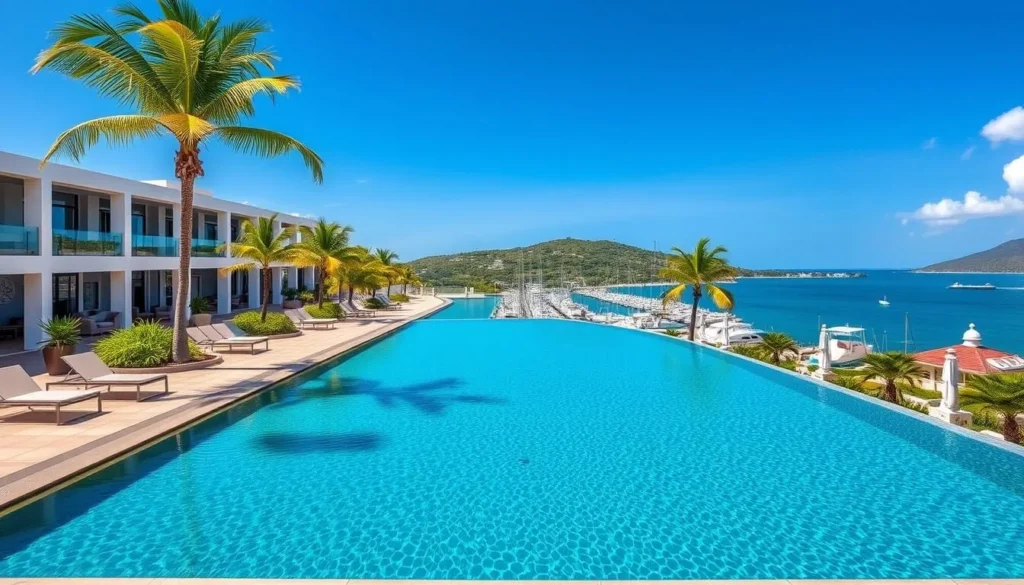 Luxury resort overlooking Oyster Pond with infinity pool and ocean views