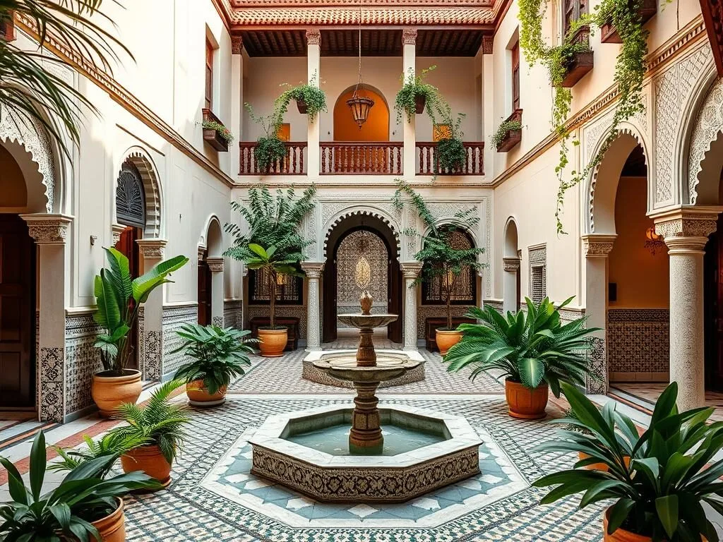 Luxury riad courtyard with fountain and traditional Moroccan architecture near Sidi Slimane