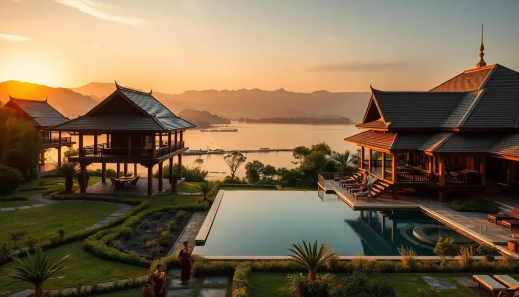 Luxury riverside resort in Luang Prabang with traditional Lao architecture and mountain views
