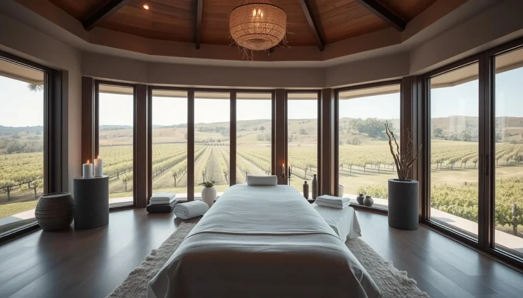 Luxury spa treatment room overlooking Pokolbin vineyards Luxury spa treatment room overlooking Pokolbin vineyards