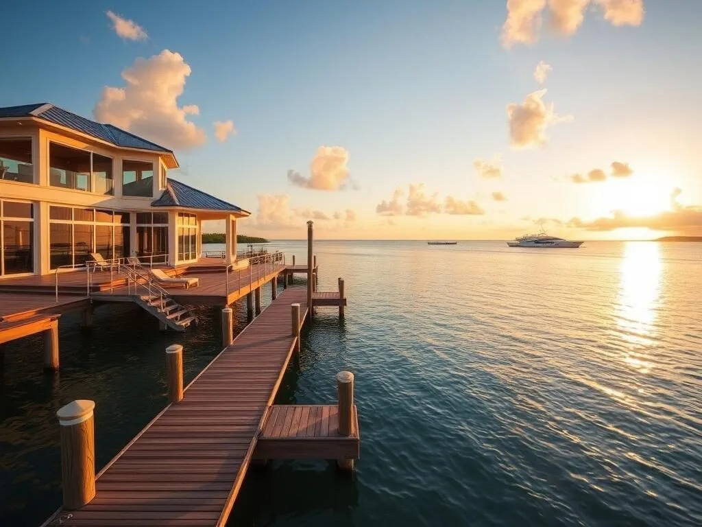 Luxury waterfront villa with private dock on Elbow Cay at sunset