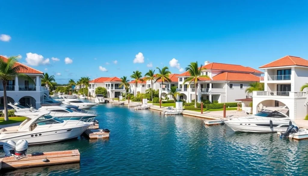 Luxury waterfront villas in Jolly Harbour, Antigua and Barbuda with boats docked outside