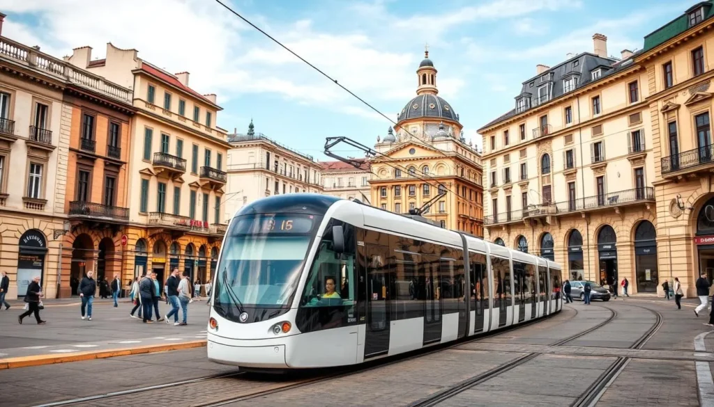 Lyon's efficient tram system passing through a central square on a clear day