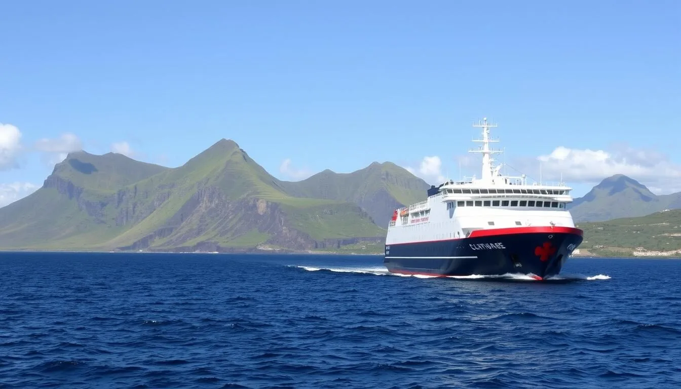 MV Claymore II, the passenger and cargo vessel that services Pitcairn Island, approaching Bounty Bay
