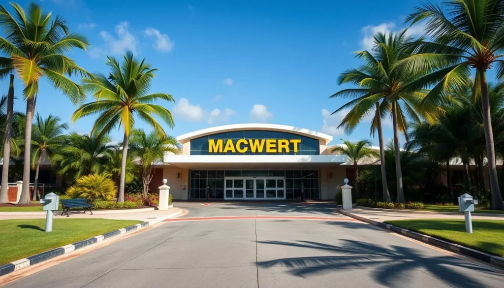 Mackay Airport entrance with tropical landscaping and clear blue sky